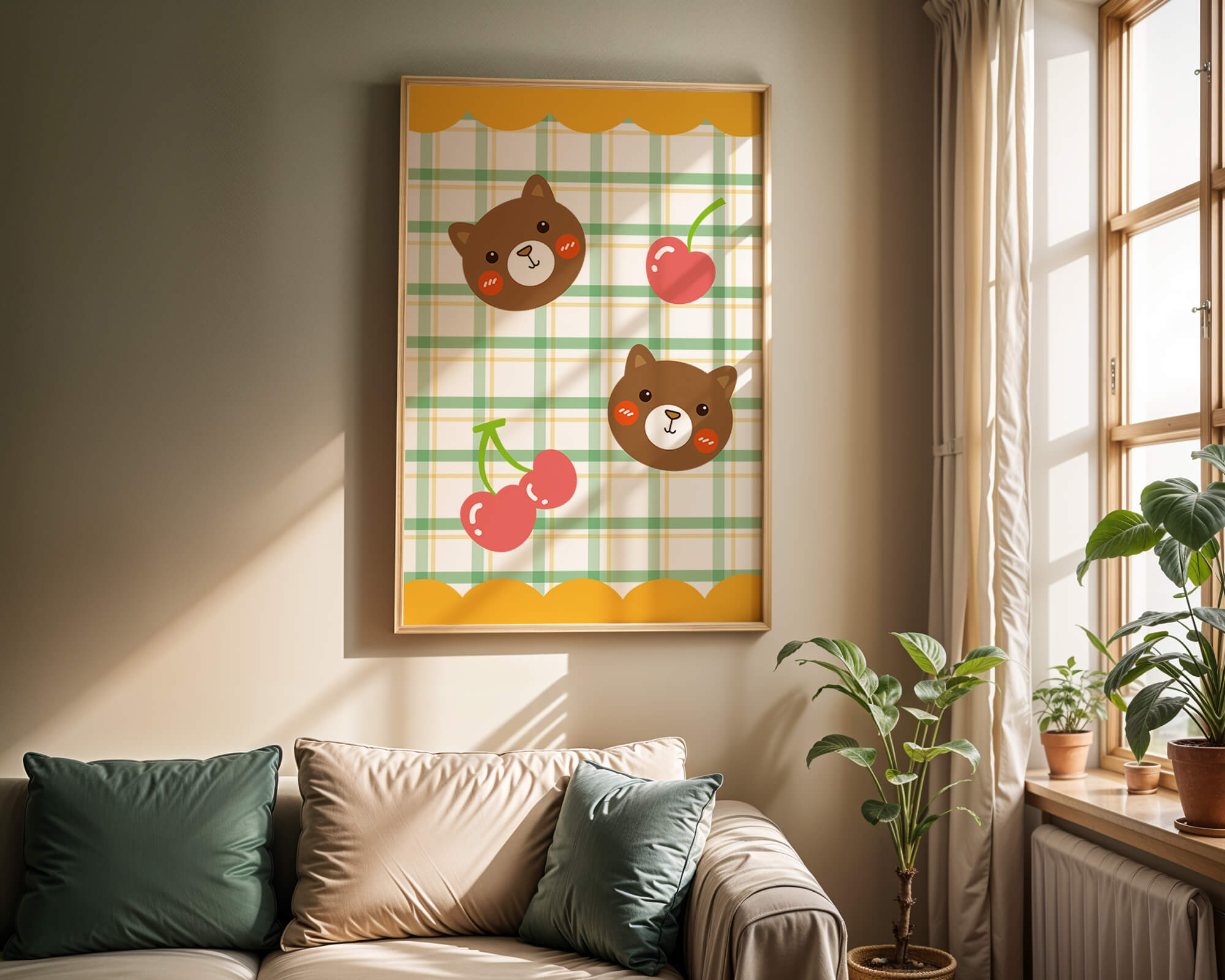 Playful bear and cherry pattern with plaid background