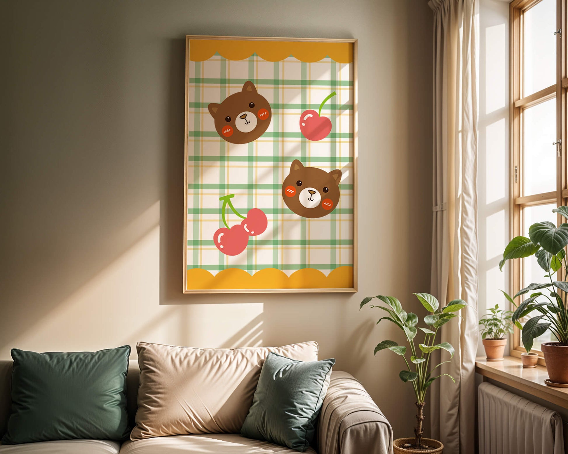 Playful bear and cherry pattern with plaid background