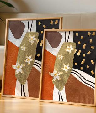 Abstract floral artwork with gold accents and earthy tones
