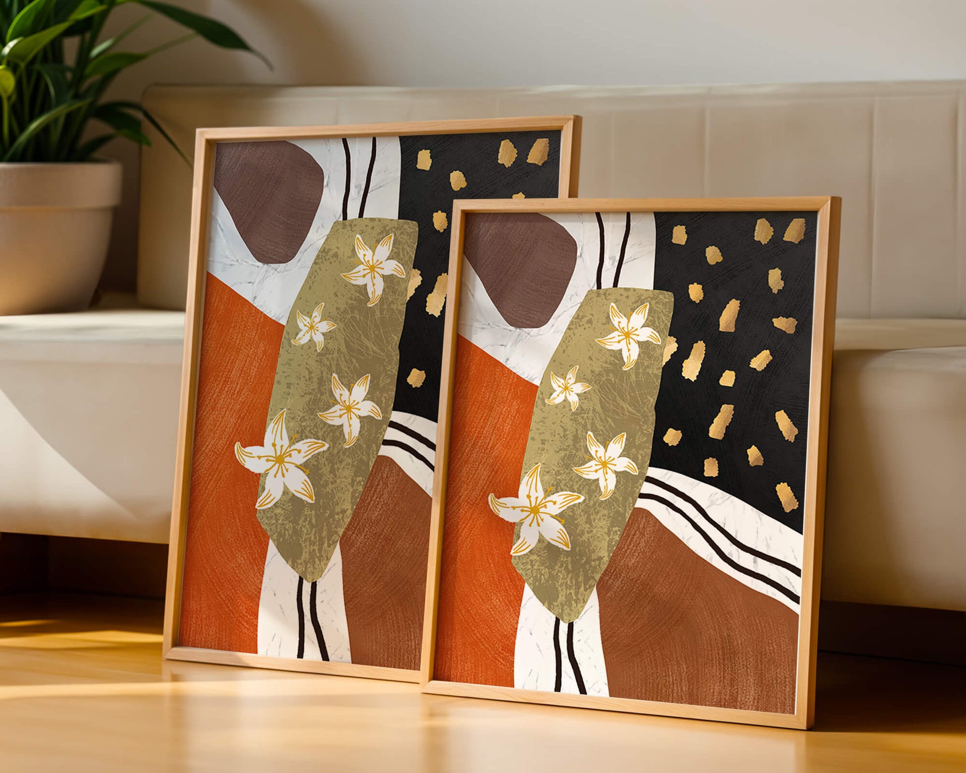 Abstract floral artwork with gold accents and earthy tones