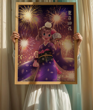 Girl in Yukata Celebrating Fireworks Festival with Cat and Fan