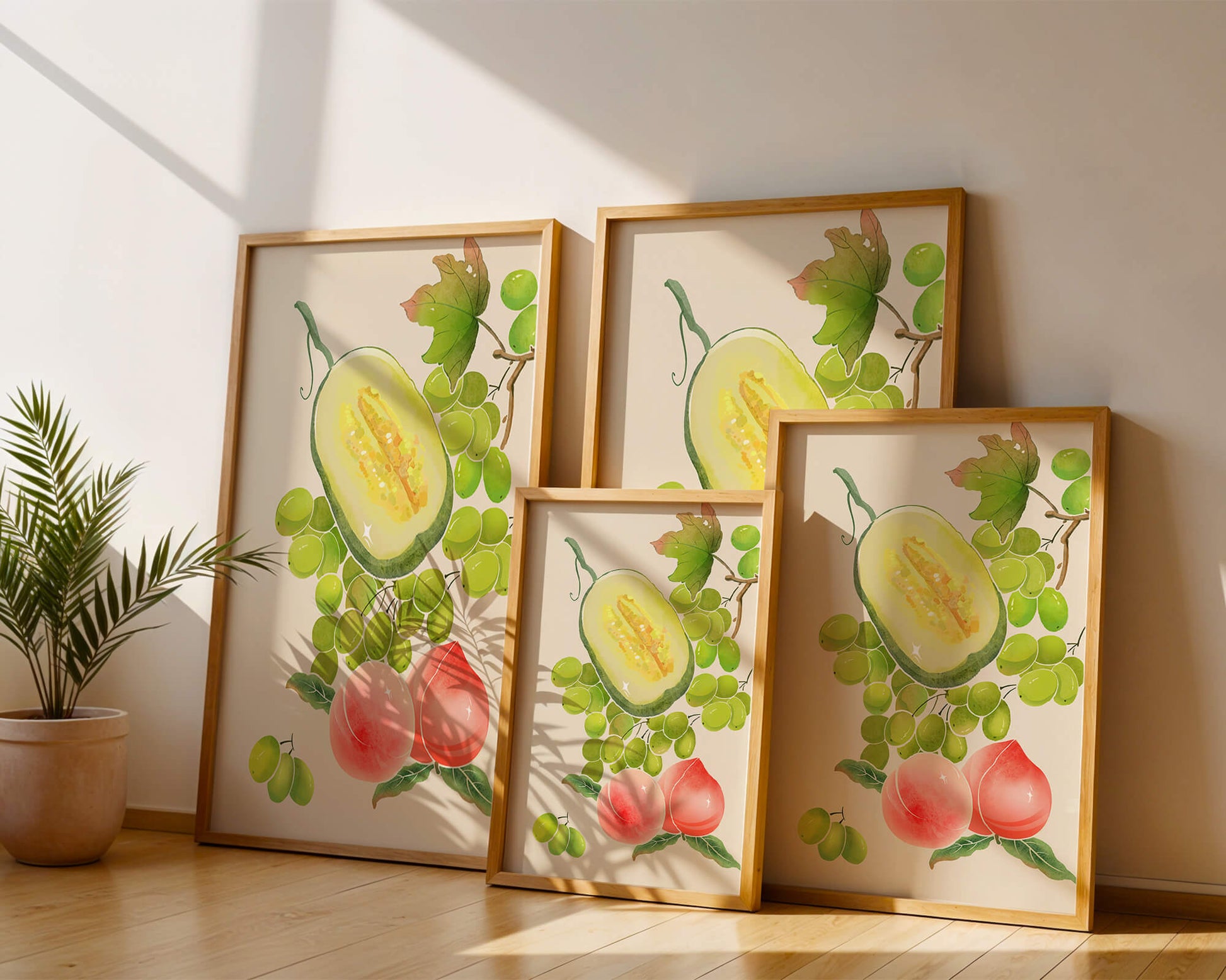 Ilustración de frutas vibrantes que incluye uvas, melón y duraznos