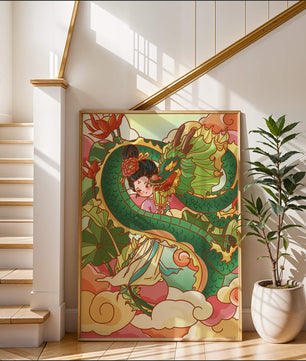 Heitere künstlerische Darstellung eines Mädchens mit einem majestätischen Drachen inmitten von Wolken und Lotusblumen