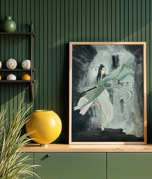 Dynamic illustration of a warrior in flowing robes with a spear