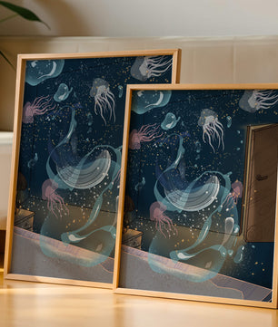 Tema de cuarto submarino con medusas y una puerta