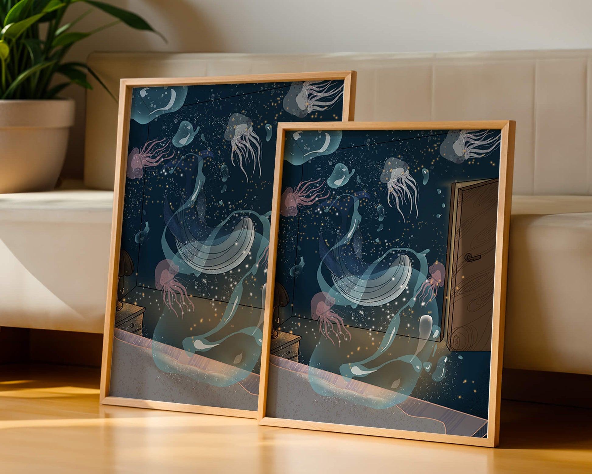Underwater-themed room with jellyfish and a door