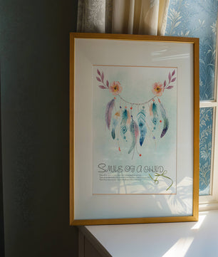 Whimsical dreamcatcher with feathers and flowers in a pastel watercolor style