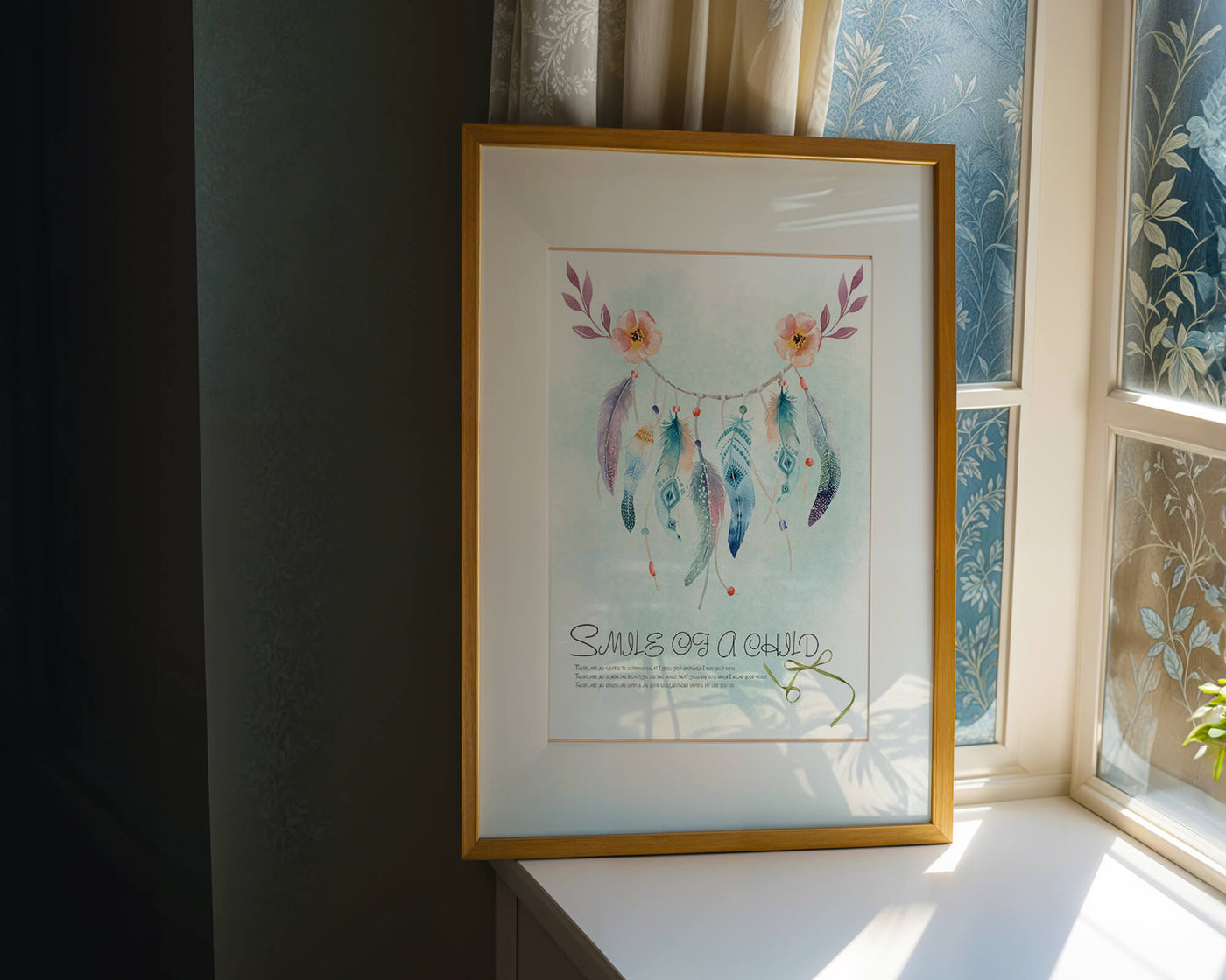 Whimsical dreamcatcher with feathers and flowers in a pastel watercolor style