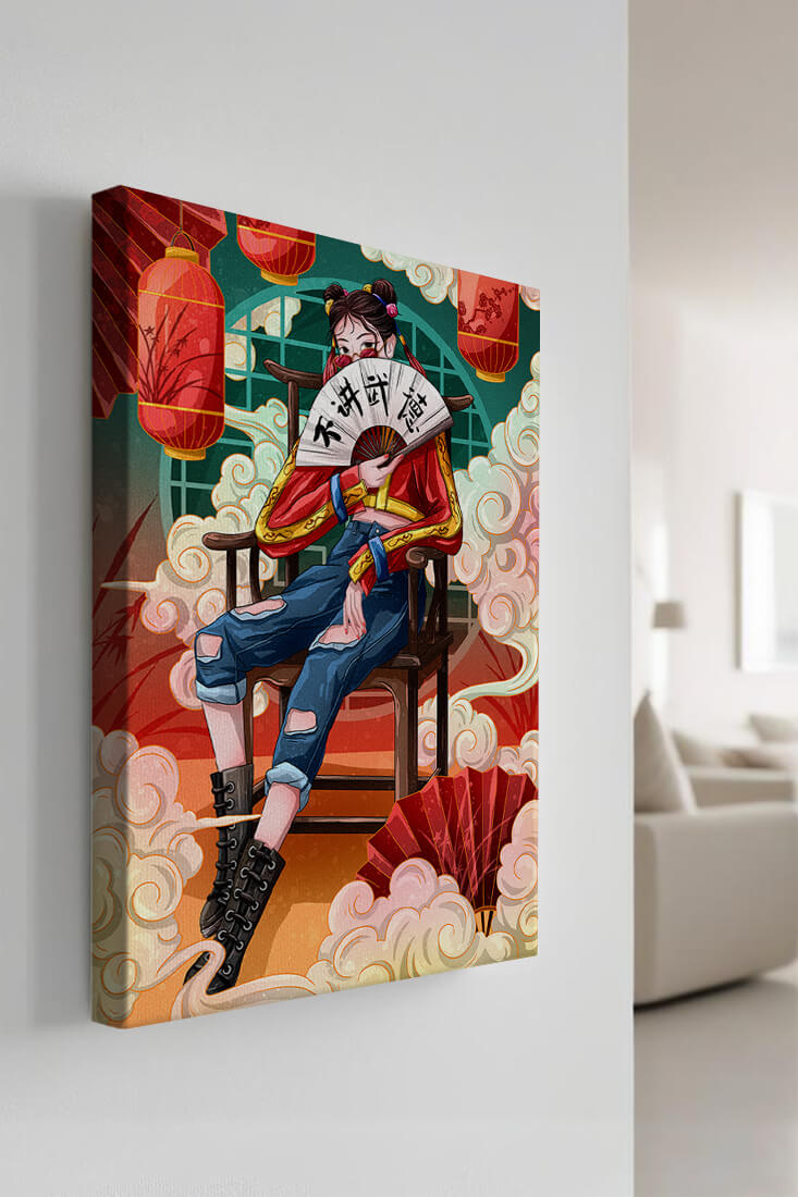 Female character with fan in colorful oriental setting