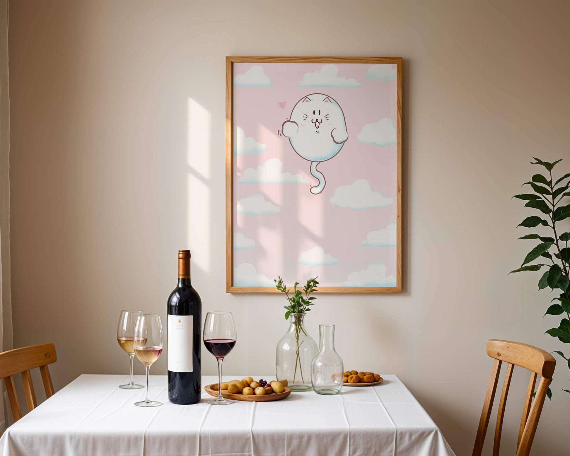 Gato flotante caprichoso en un cielo pastel con nubes esponjosas