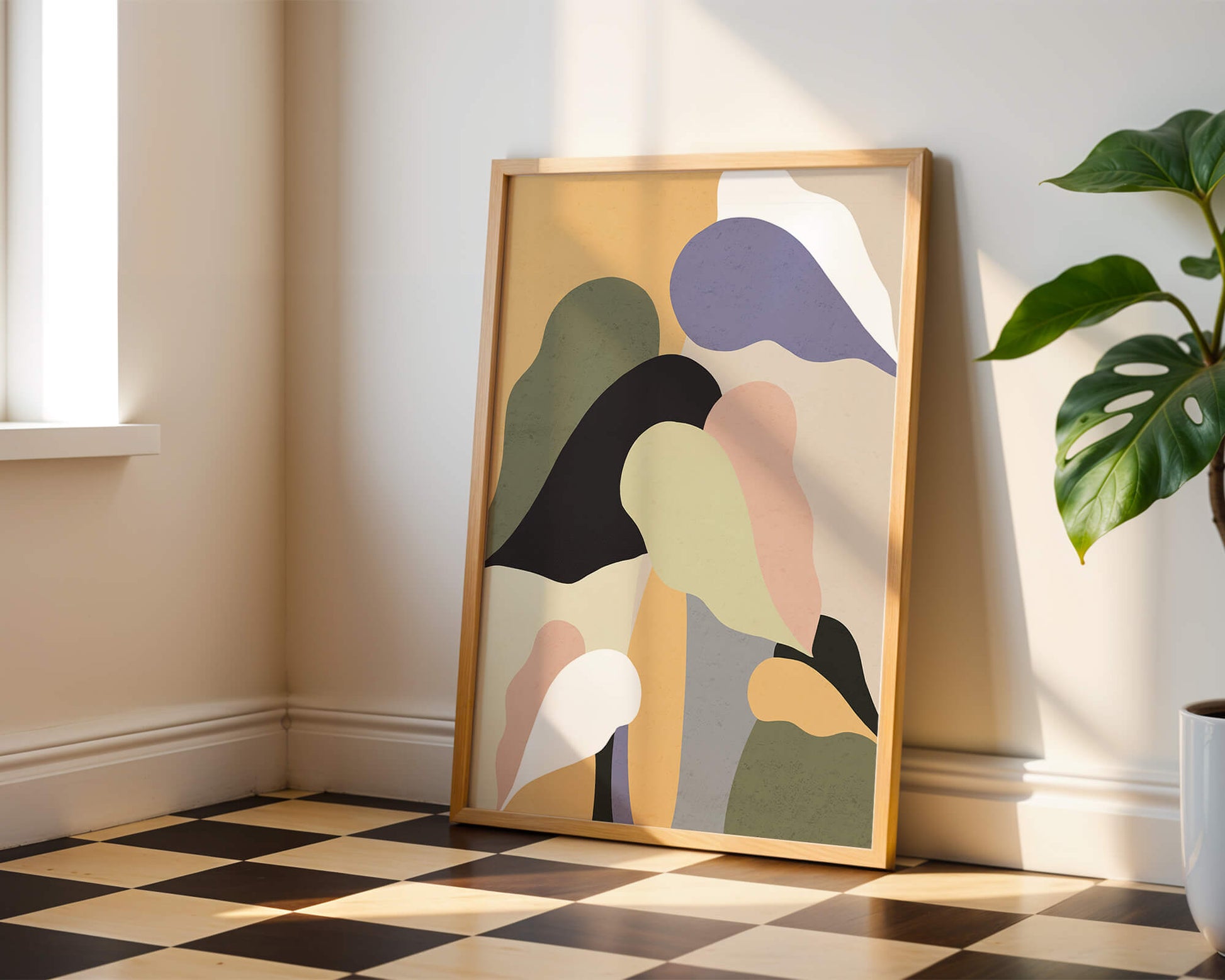 Abstract organic shapes in pastel colors with textured background