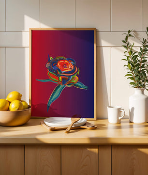 Rosa abstracta vibrante con colores dinámicos sobre fondo degradado