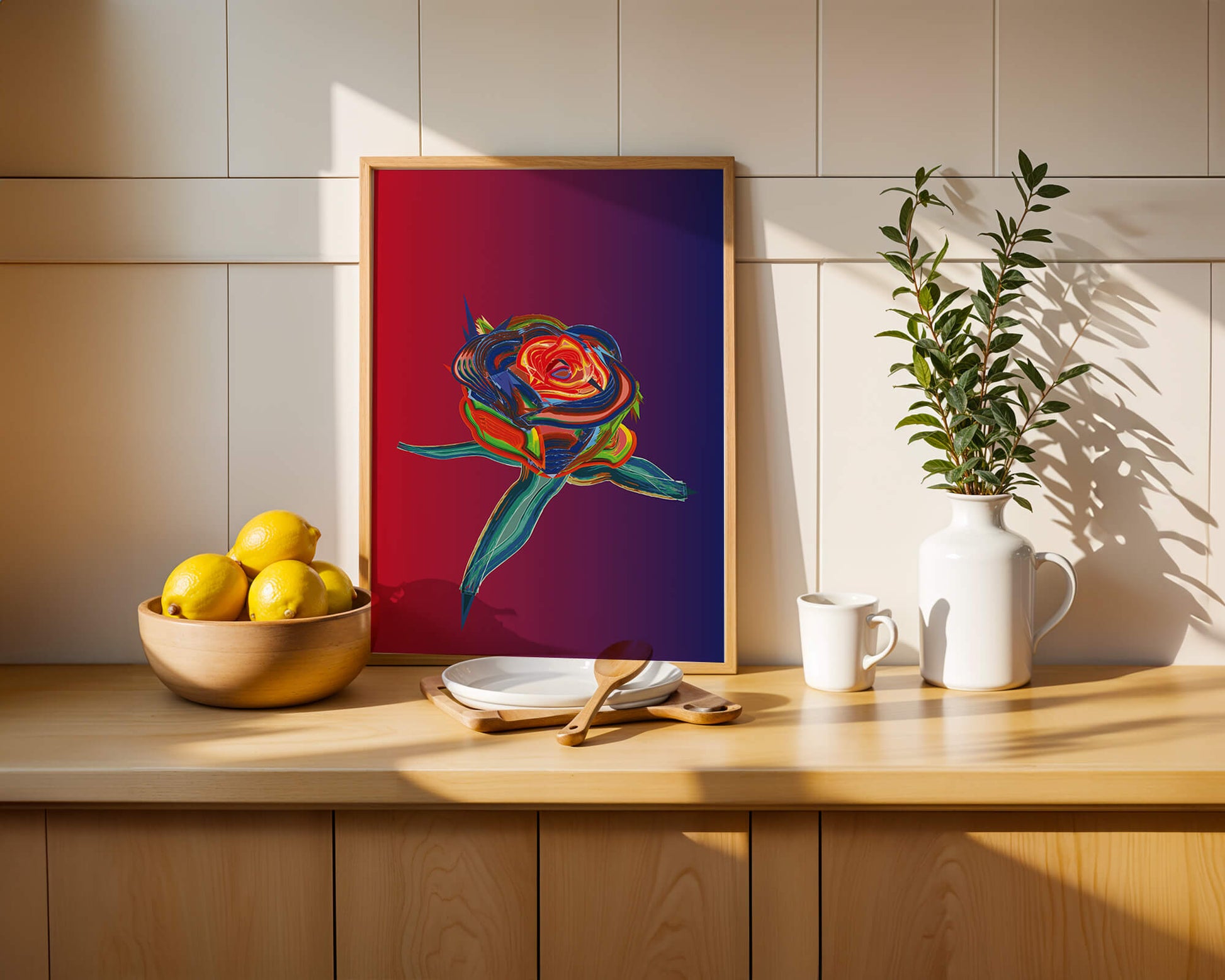 Rosa abstracta vibrante con colores dinámicos sobre fondo degradado