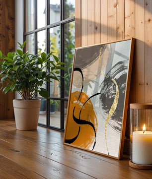 Abstract Art with Orange, Black, and Gold Brushstrokes - Mi tienda