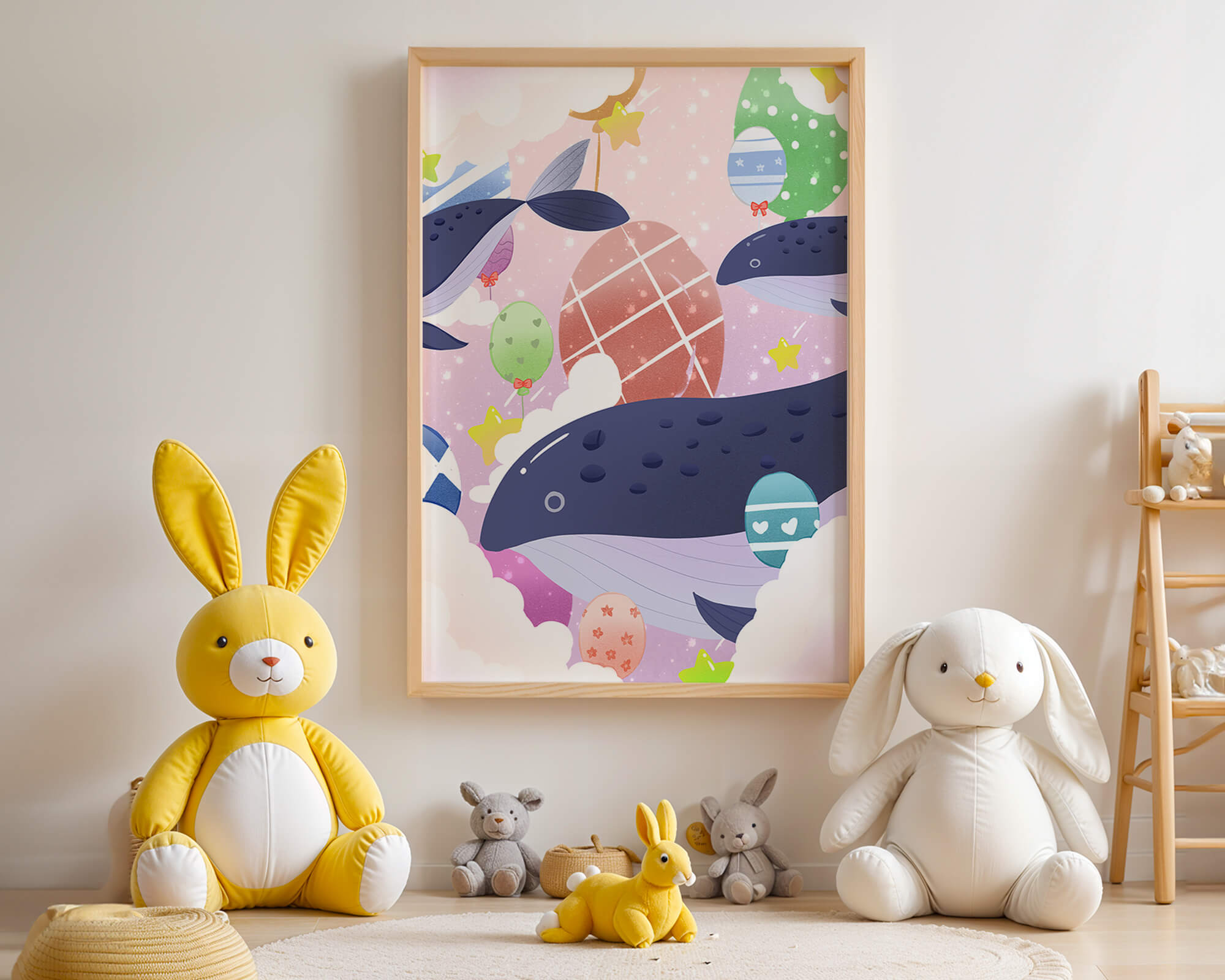 Whimsical illustration of whales and floating stars with colorful eggs
