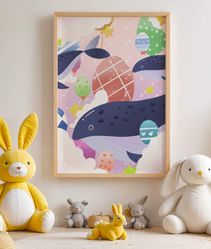 Whimsical illustration of whales and floating stars with colorful eggs