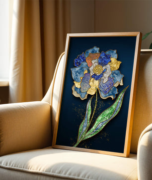 Diseño floral texturizado y colorido con contornos dorados sobre fondo oscuro