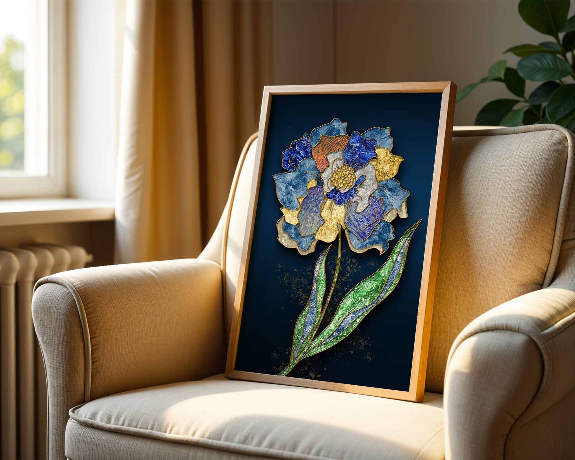 Diseño floral texturizado y colorido con contornos dorados sobre fondo oscuro