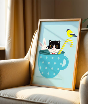 Playful illustration of cat, rabbit, and bird in a teacup