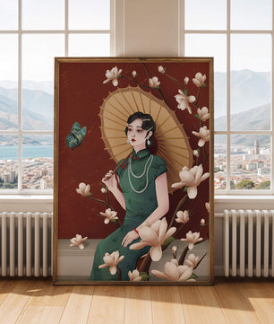 Mujer elegante con parasol y flores de magnolia sobre fondo rojo