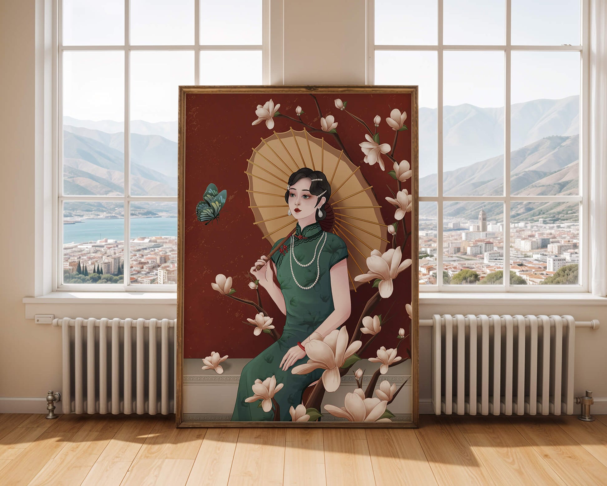 Mujer elegante con parasol y flores de magnolia sobre fondo rojo