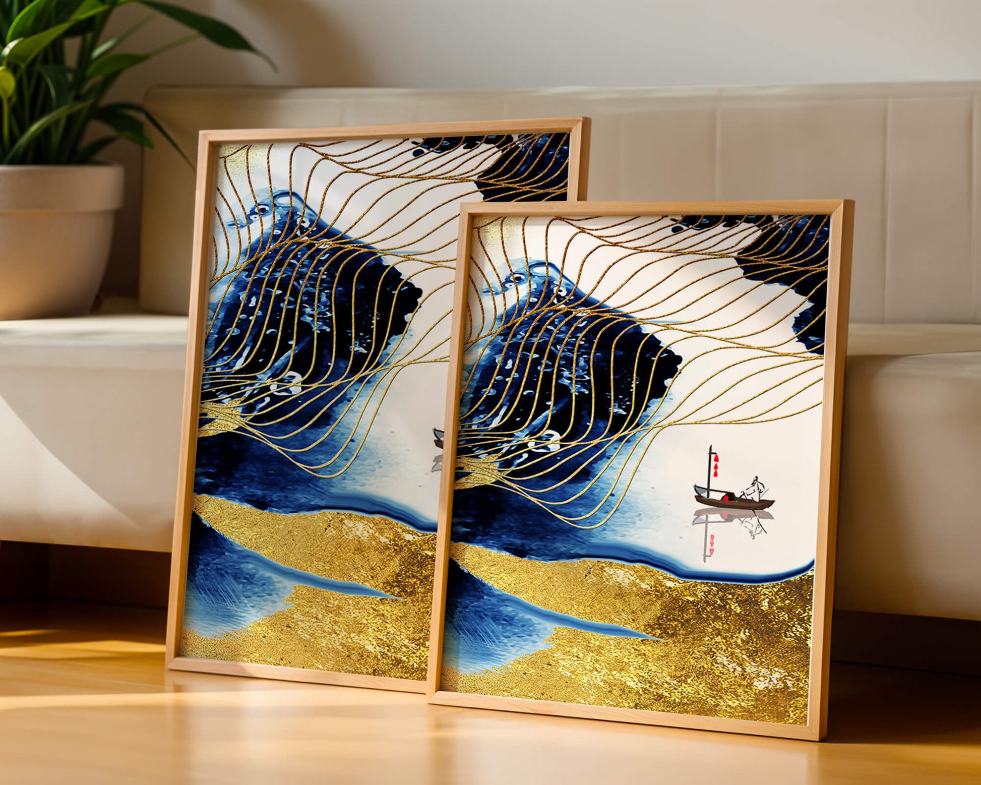 Paisaje abstracto con olas doradas y un barco solitario sobre fondo azul y blanco.