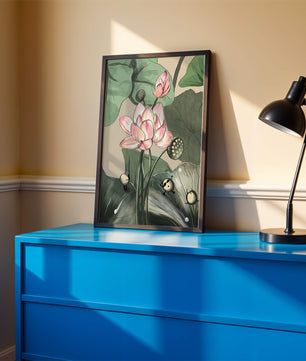 Illustrated lotus with playful cartoon bees in a serene garden