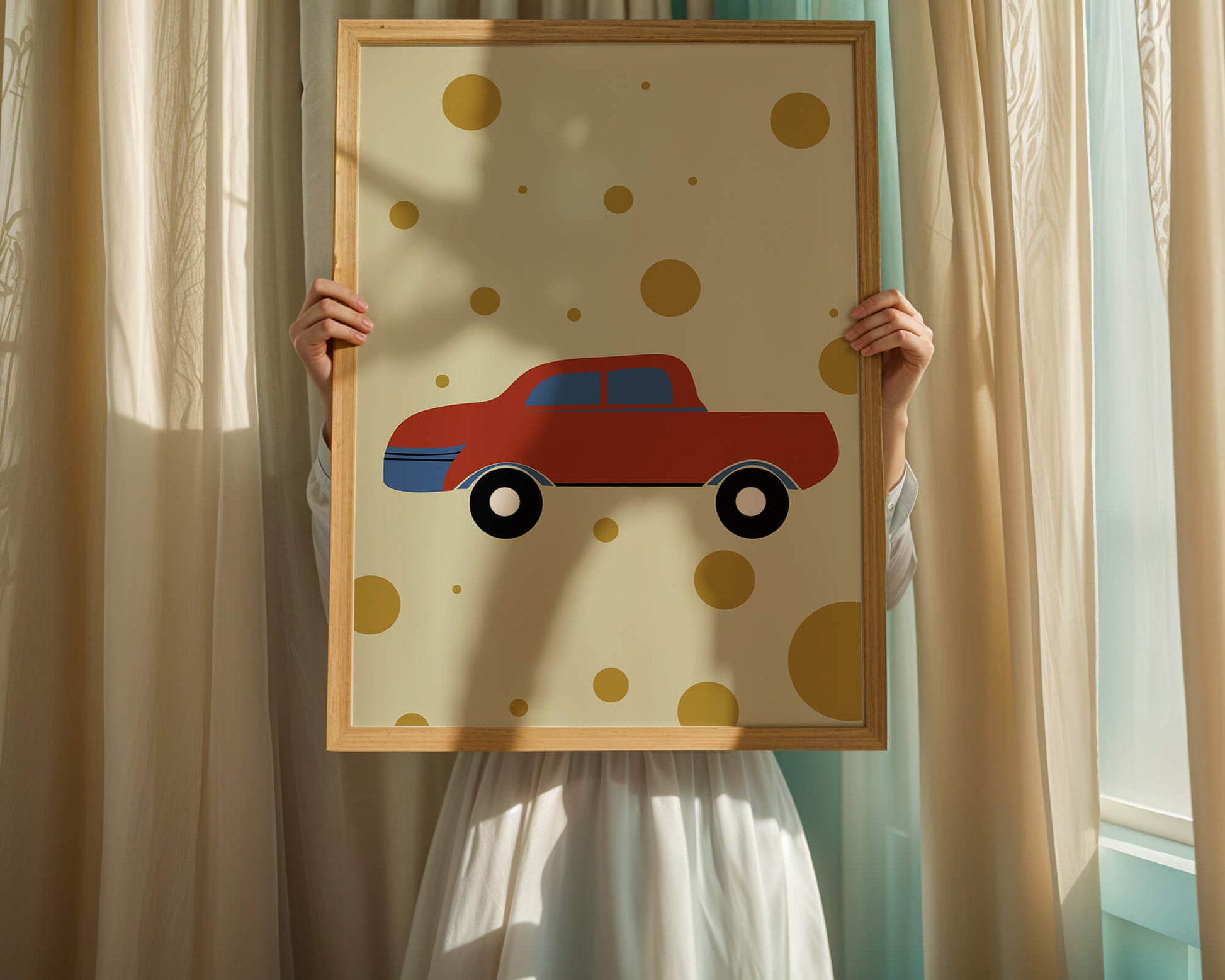 Abstract illustration of a red car with golden circles on a beige background