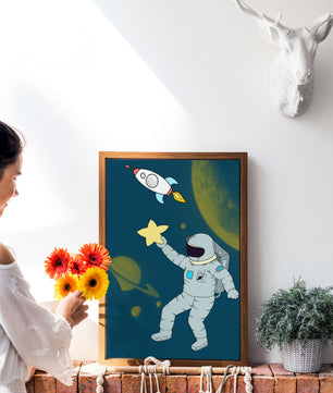 Astronaut Reaching for Star with Rocket and Planets in Space Scene - Mi tienda