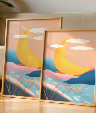 Abstract Landscape with Yellow Crescent and Pastel Colors