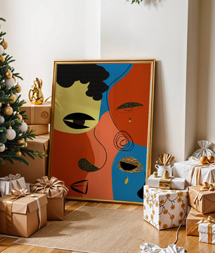 Abstract faces with vibrant colors and gold accents