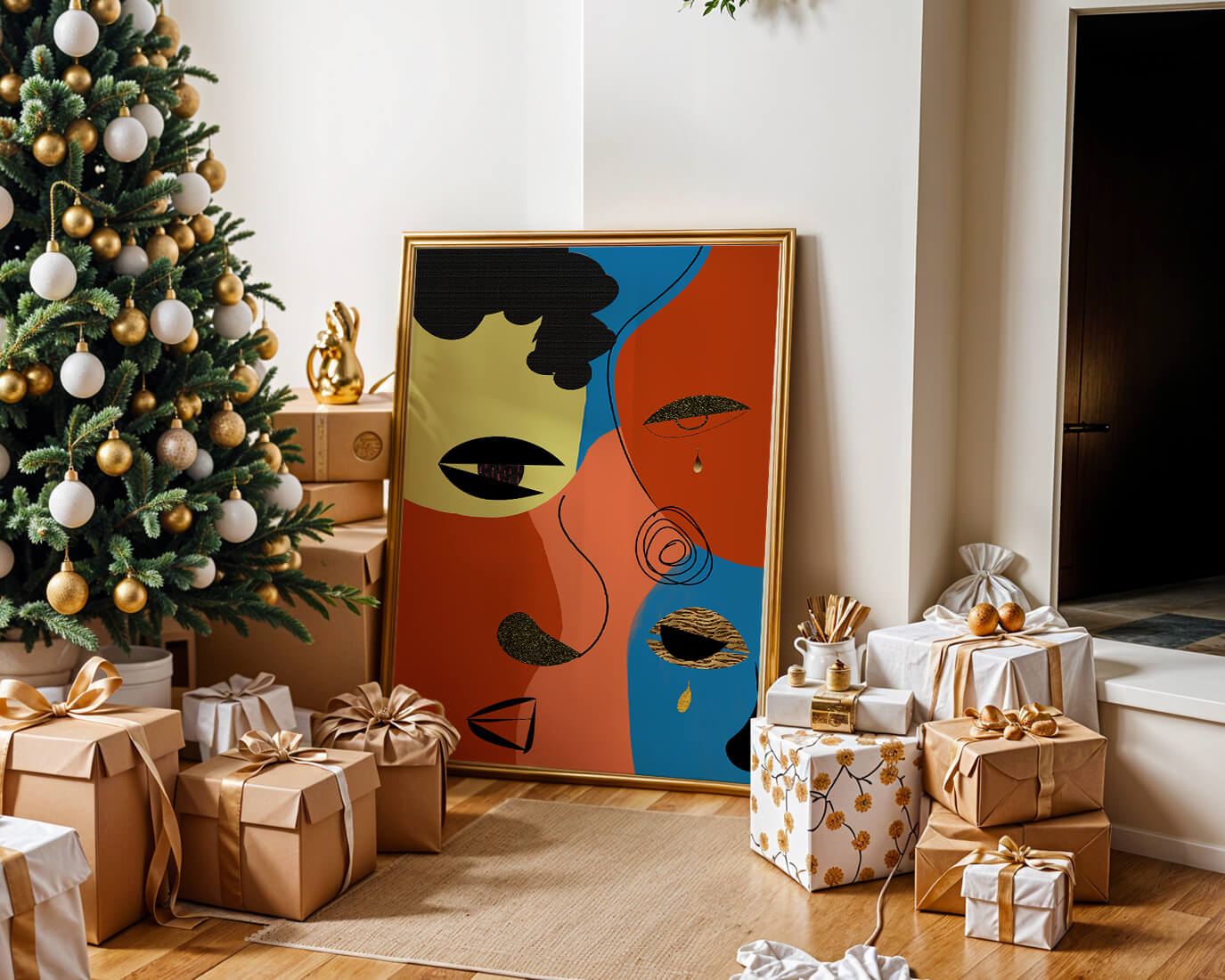 Abstract faces with vibrant colors and gold accents
