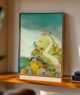 Charming lighthouse illustration on a scenic hilltop