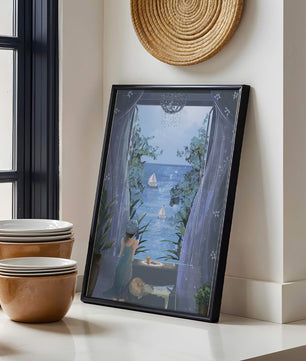 Serene seaside view from an open window with a sailboat and relaxing atmosphere
