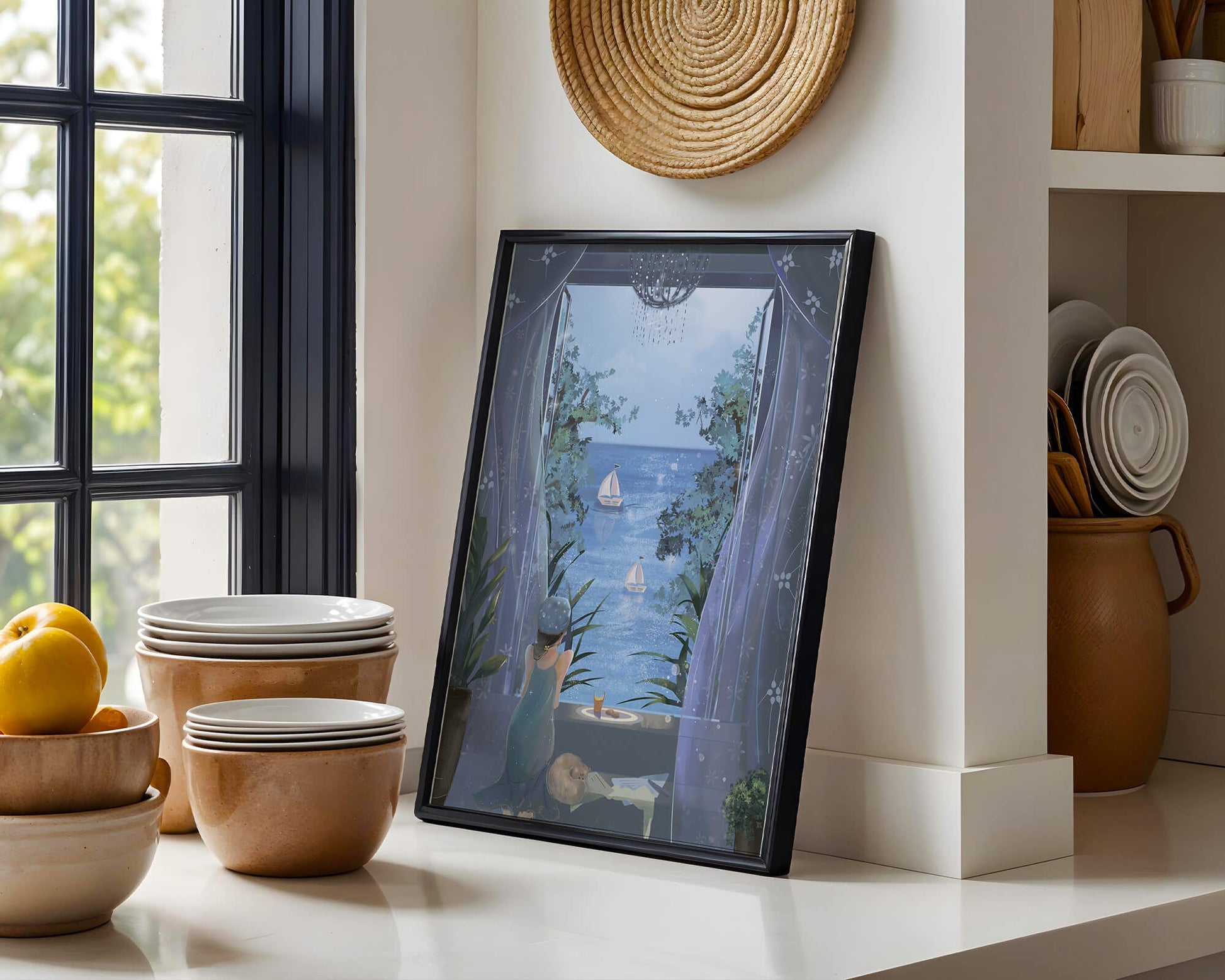 Serene seaside view from an open window with a sailboat and relaxing atmosphere