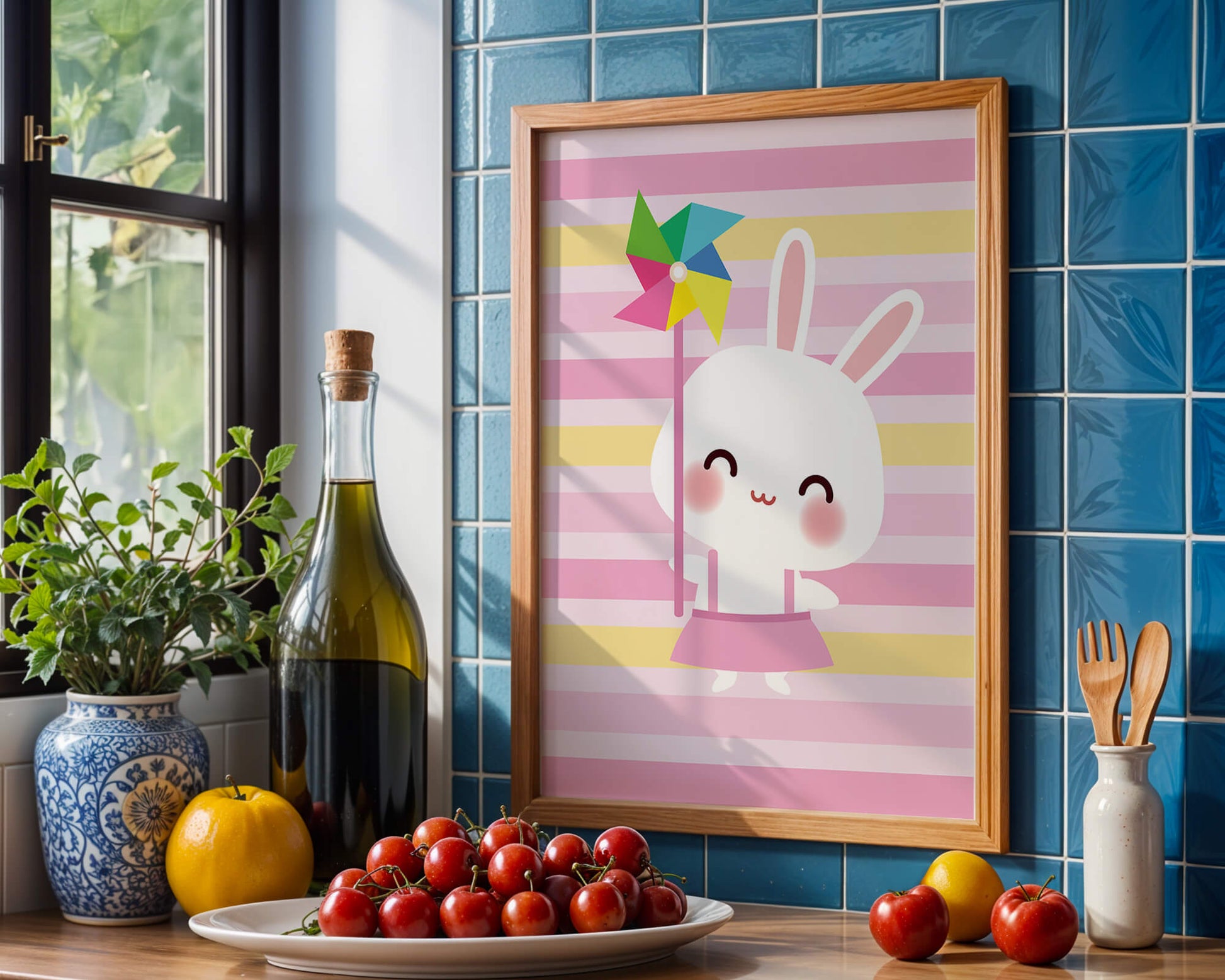 Adorable bunny with pinwheel on pastel striped backdrop