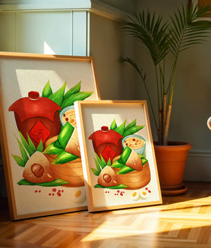 Illustrated traditional Chinese food with zongzi and rice wine