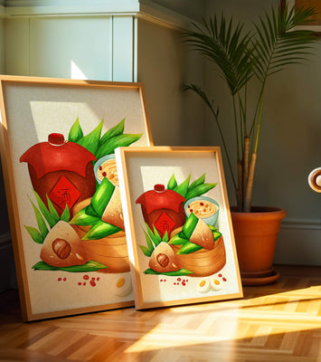 Illustrated traditional Chinese food with zongzi and rice wine