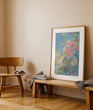 Beautiful Cherry Blossom Branch with Golden Highlights on a Soft Blue Background - Mi tienda
