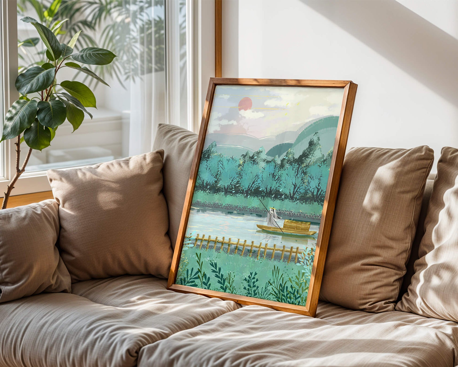 Serene Landscape with Boatman on River at Sunrise