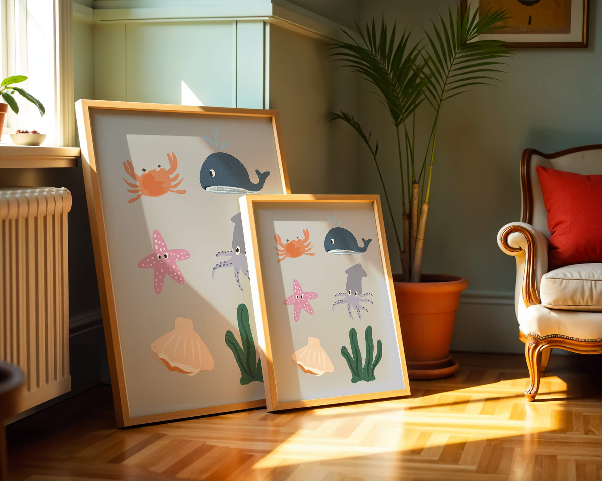 Illustration of whimsical sea creatures and marine elements on a grey background