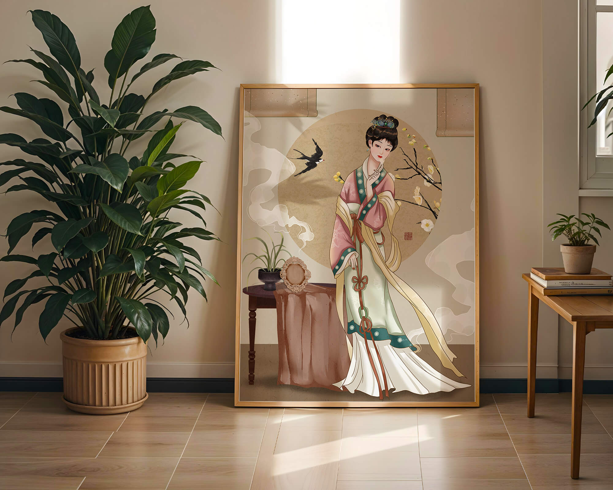 Elegant traditional Asian lady in classic attire with nature elements