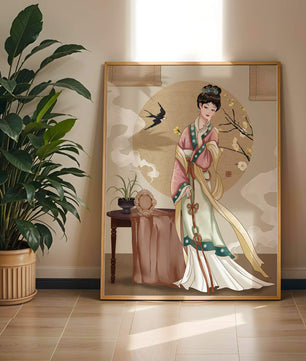Elegante traditionelle asiatische Dame in klassischer Kleidung mit Naturelementen