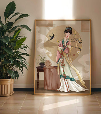 Elegant traditional Asian lady in classic attire with nature elements