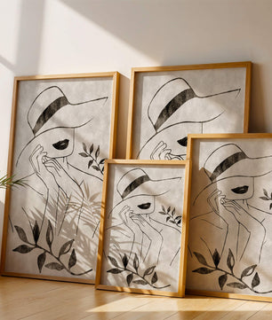 Abstract Woman in Hat with Minimalist Leaf Design