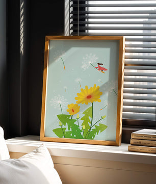Whimsical illustration of a girl flying with dandelions in a colorful floral scene