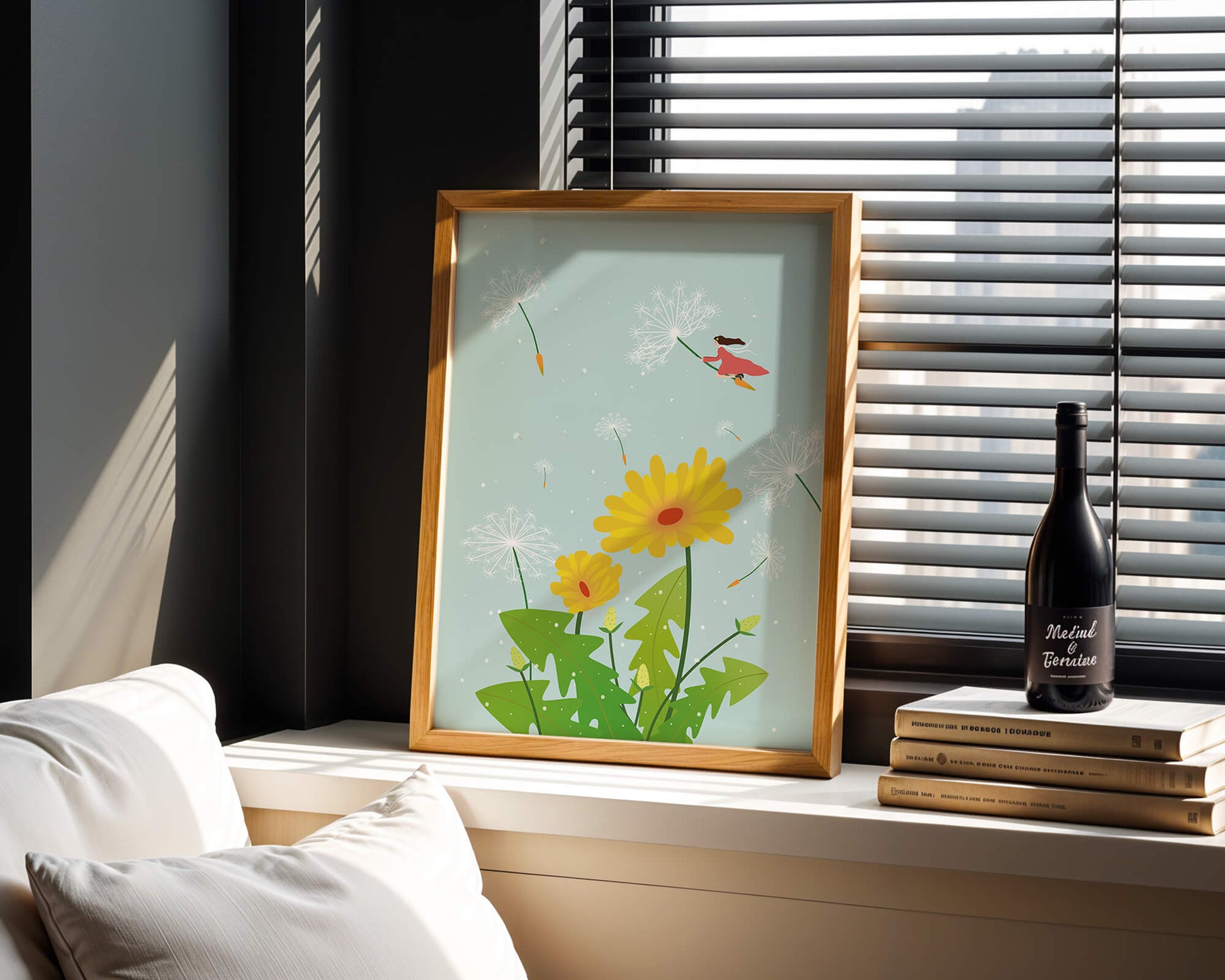 Whimsical illustration of a girl flying with dandelions in a colorful floral scene