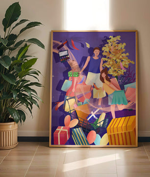 Illustration d'une expérience de shopping joyeuse en famille avec des cadeaux et des couleurs vives