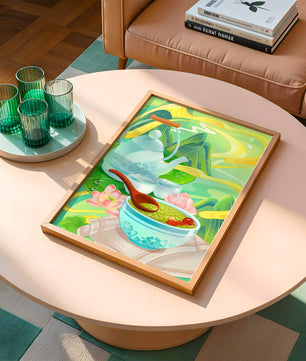 Tea ceremony with teapot and tea bowls amidst nature scenery