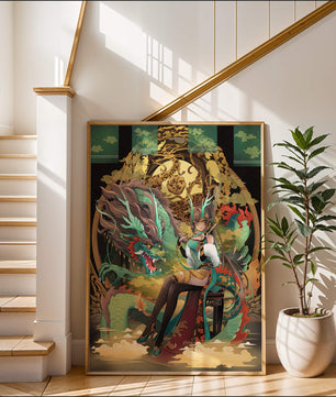 Art fantastique élégant d'une femme avec un dragon majestueux et des éléments dorés